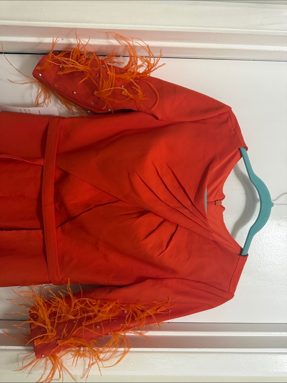 Red Feather Sleeve Evening Jumpsuit - Picture 3 of 6
